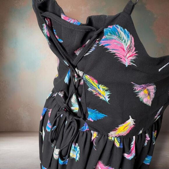 Xhilaration Women's Mini Dress Large Black with Multicolor Feathers Modern Boho - Picture 3 of 6